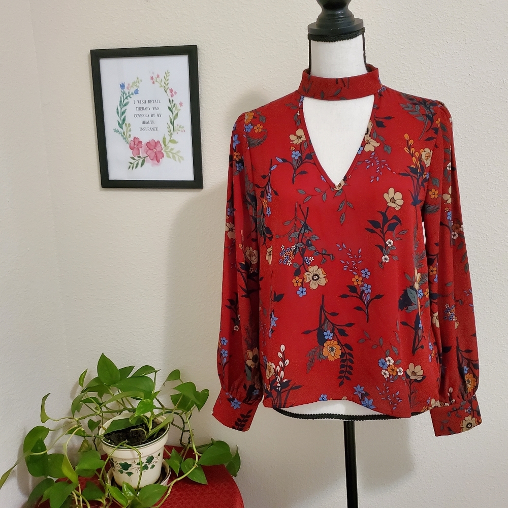 One Floral Choker Neck Blouse Red Boho V Neck Long Sleeve Small